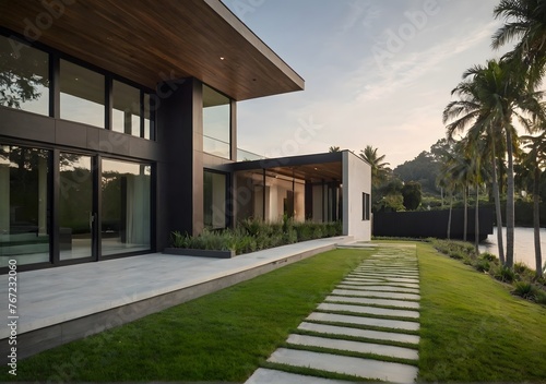 Large modern house with walkway and lots of grass