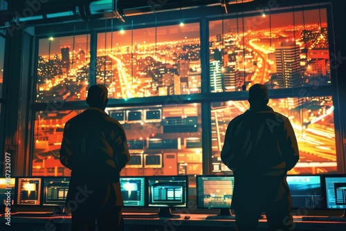 Security guards monitoring video wall in a control room, surveillance concept, digital illustration