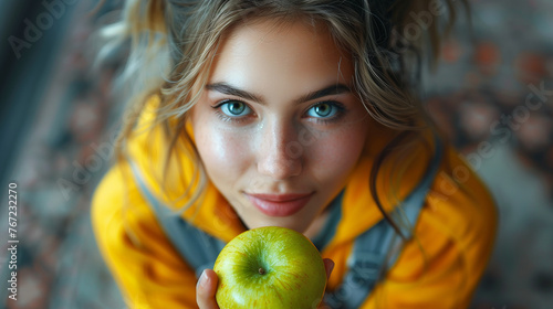 elegent young woman holding green apple in sport suit, weight loss diet concept. photo