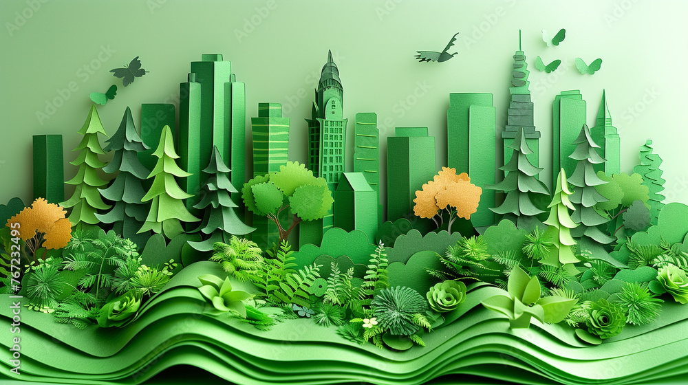 Green eco friendly city and urban forest landscape, paper cut.