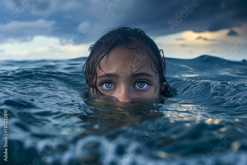 A person's eyes emerge above the water, conveying a sense of solemnity against the backdrop of a stormy sea and darkening skies. emotive image.