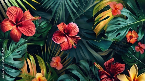 Tropical banner with abstract background of lush vines and vibrant flowers. © Postproduction