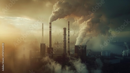 Aerial view of high smoke stack with smoke emission. Plant pipes pollute atmosphere. Industrial fact photo