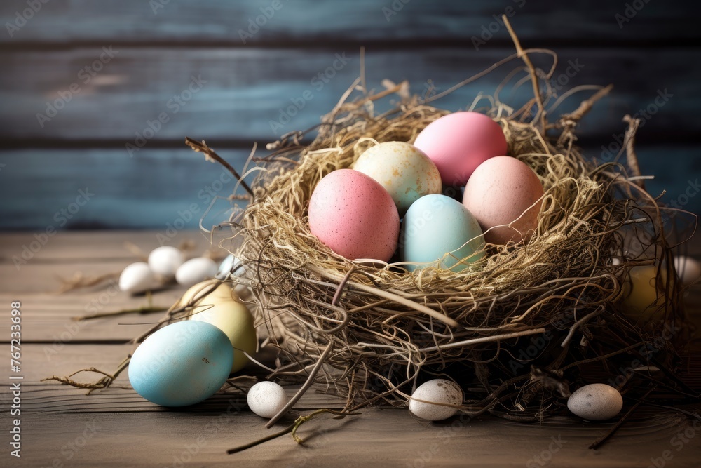 Easter eggs in nest on rustic wooden planks - generative ai Easter eggs in nest on rustic wooden planks - generative ai