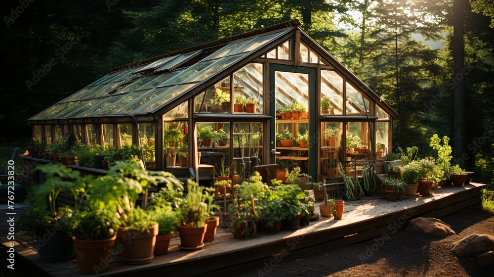 Greenhouse in the vegetable garden for growing tomatoes, cucumbers, other plants in the garden with green vegetation on a sunny summer day, Generative AI. Greenhouse in the vegetable garden for growing tomatoes, cucumbers, other plants in the garden with green vegetation on a sunny summer day, Generative AI.