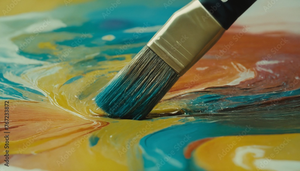 Obraz premium Close up of paint brush with acrylic paint on canvas with copy space 