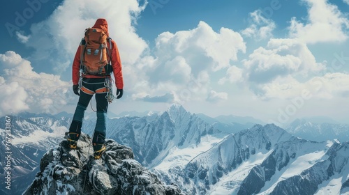 Young man wearing mountaineering clothing. Climbing a mountain. Snowy mountain scenery. cloudy white sky It represents challenge, courage, and greatness.  photo