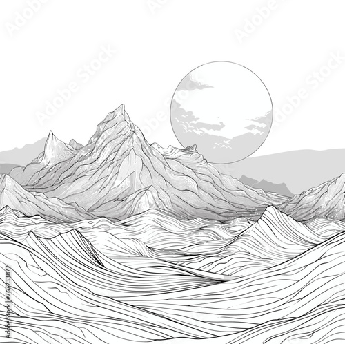 Black and white mountains line art panorama. Mountainous landscape with sunset contouring adventure lined sketche