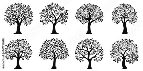 Black tree silhouettes in art deco style isolated on white background. Religious abstract trees ornamental genealogy symbols