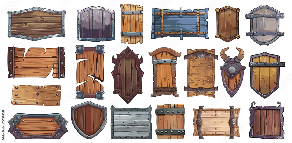 Naklejka premium Cartoon viking warriors style empty panels. Norwegian blank frames made of metal leather wood with rough jagged borders for game dashboards isolated on white