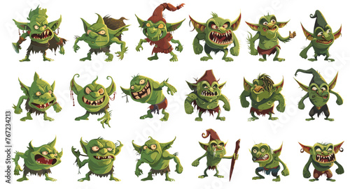 Cartoon goblins isolated. Green trolls art work, trolling evil characters vector illustration
