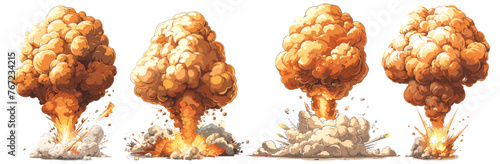 Cartoon explosion set isolated on white. Fire destruction bang with smoke clouds, comic style detonation boom designs