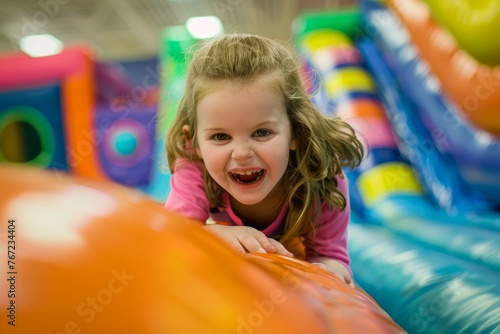 Joyful Child in Colorful Indoor Play Area, Smiling and Playing