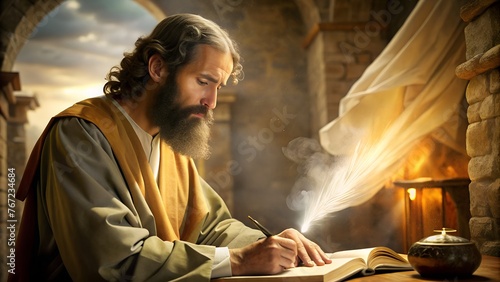Illustration of Apostle John Writing the Book of Revelation on Patmos