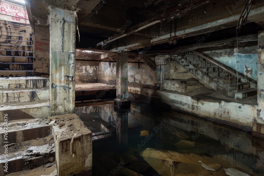 Abandoned Industrial Building Interior with Flooding Water