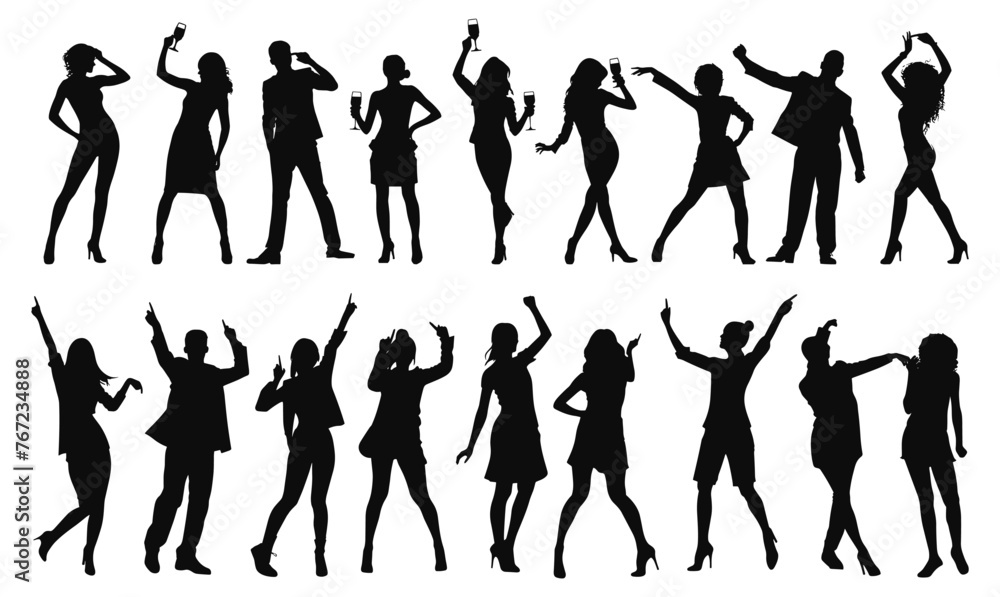 Fototapeta premium Party people silhouettes. Drinking and dancing men and women characters, funky adult and teenagers dancers friends poses