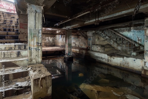 Abandoned Industrial Building Interior with Flooding Water