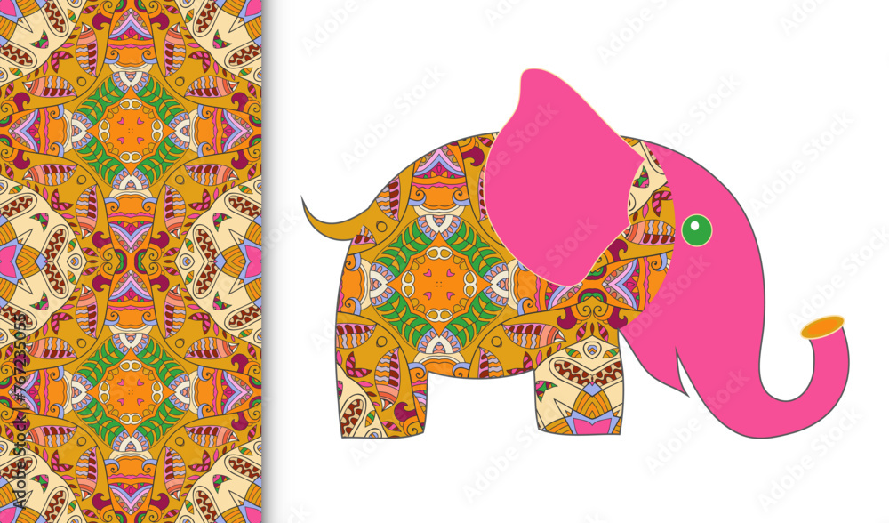 Obraz premium Cartoon elephant illustration and seamless artistic pattern, colorful hand drawn ornament. Cute childish design. Vector doodle background for wallpaper, pattern fills, textile fabric print