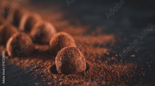 Artisan Chocolate Truffles in a Row on Dark Background photo