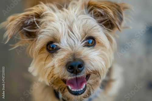 Joyful Yorkshire Terrier Close-Up on a Blurred Background