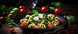 A plate of pasta with fresh spinach and cherry tomatoes