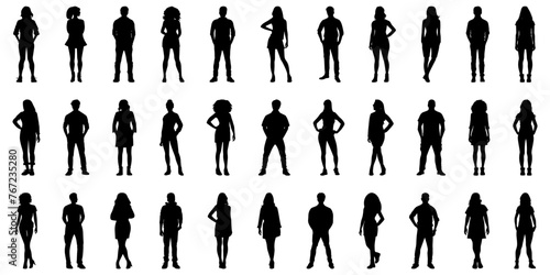Teenagers black stencils. People silhouettes, male and female outline shadows, person models shadows, personalized drawings isolated on white
