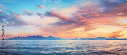 A beautiful sunset over the ocean with mountains