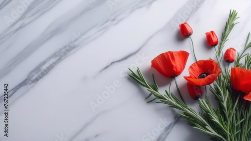 Banner for Memorial Day and Anzac Day. Red poppies and rosemary on grey marble background. Top view. Space for text on the left.
