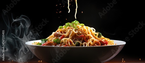 A bowl of noodles with a fork