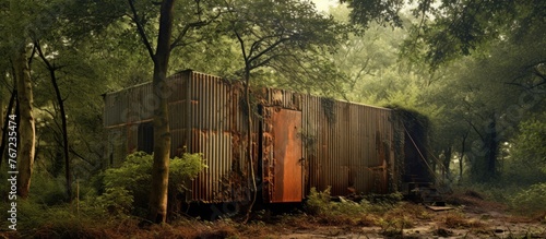 Rusted train car in forest photo