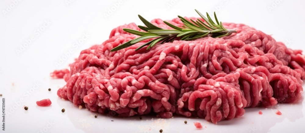 Close up of ground beef with a rosemary sprig Close up of ground beef with a rosemary sprig