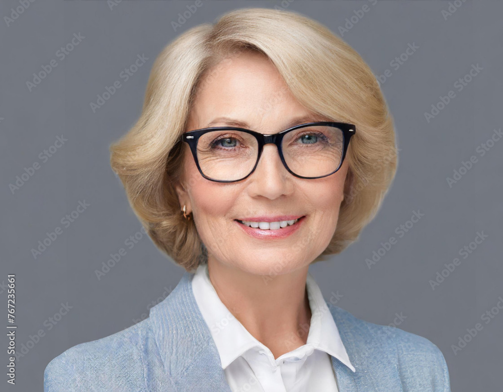 woman smiling senior blonde portrait with glasses in grey background woman smiling senior blonde portrait with glasses in grey background