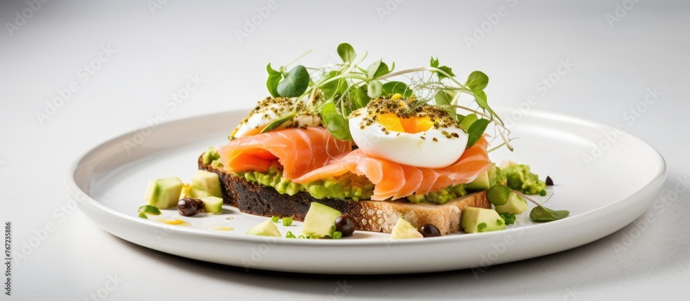 Plate with a sandwich of salmon, avocado and egg Plate with a sandwich of salmon, avocado and egg