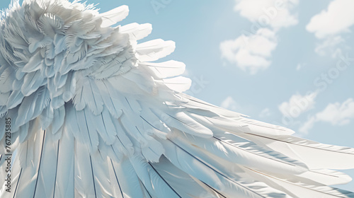Angel wings on a background of blue sky with white clouds. Close-up.