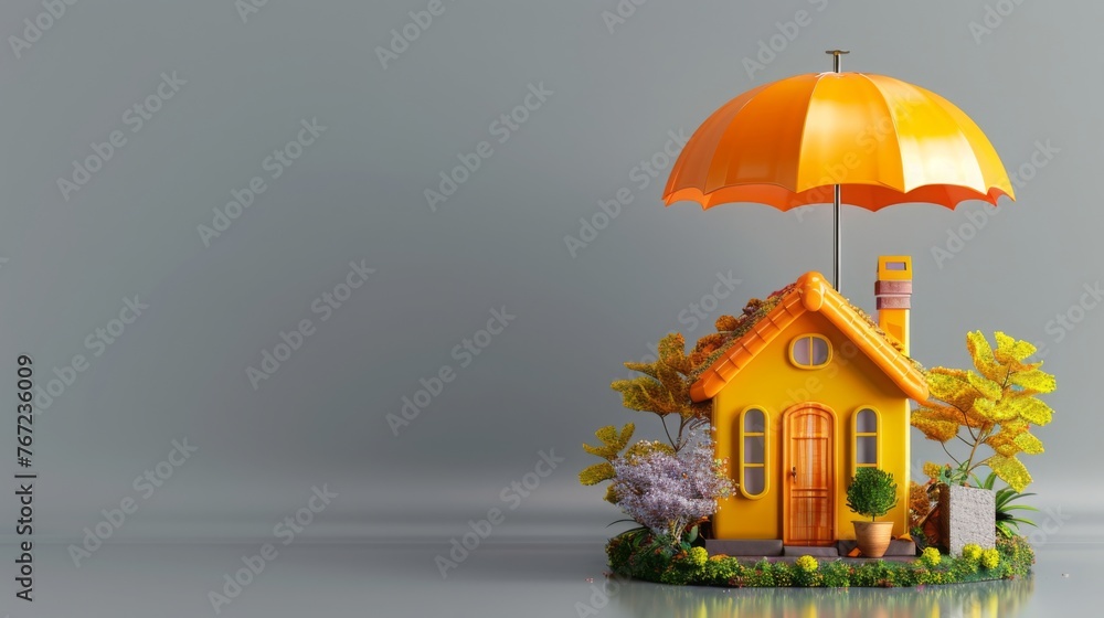 Banner of house under umbrella grey background. Home insurance residential home real estate mortgage