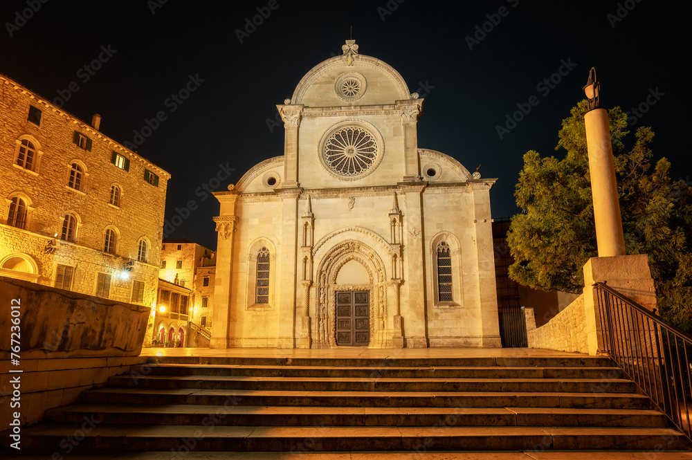 Amazing night view with the beautiful medieval architecture of the St. James cathedral in the old town of Shibenik, Croatia.