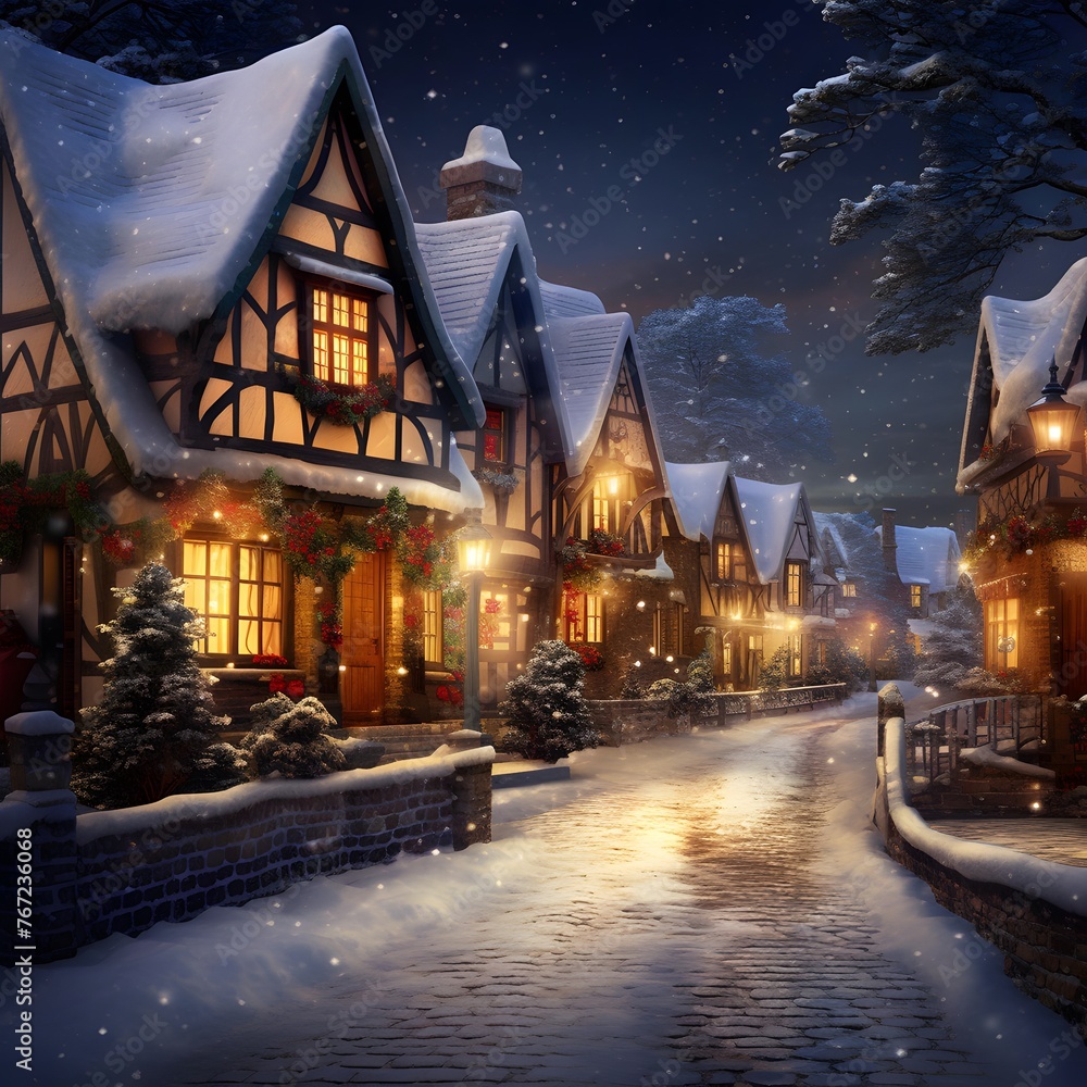 Winter night in a small village. Digital painting. Illustration.