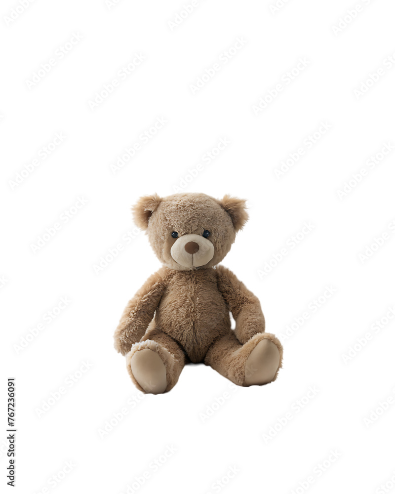 brown teddy bear in a felt hat sits on a white isolated surface, cute baby toy