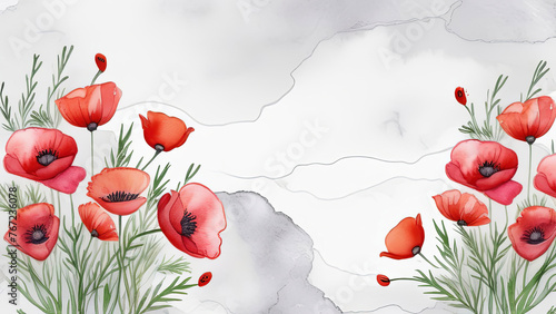 Watercolor banner with space for text for Anzac Day in Australia and Memorial Day. Red poppies and rosemary on a grey background. Postcard.
