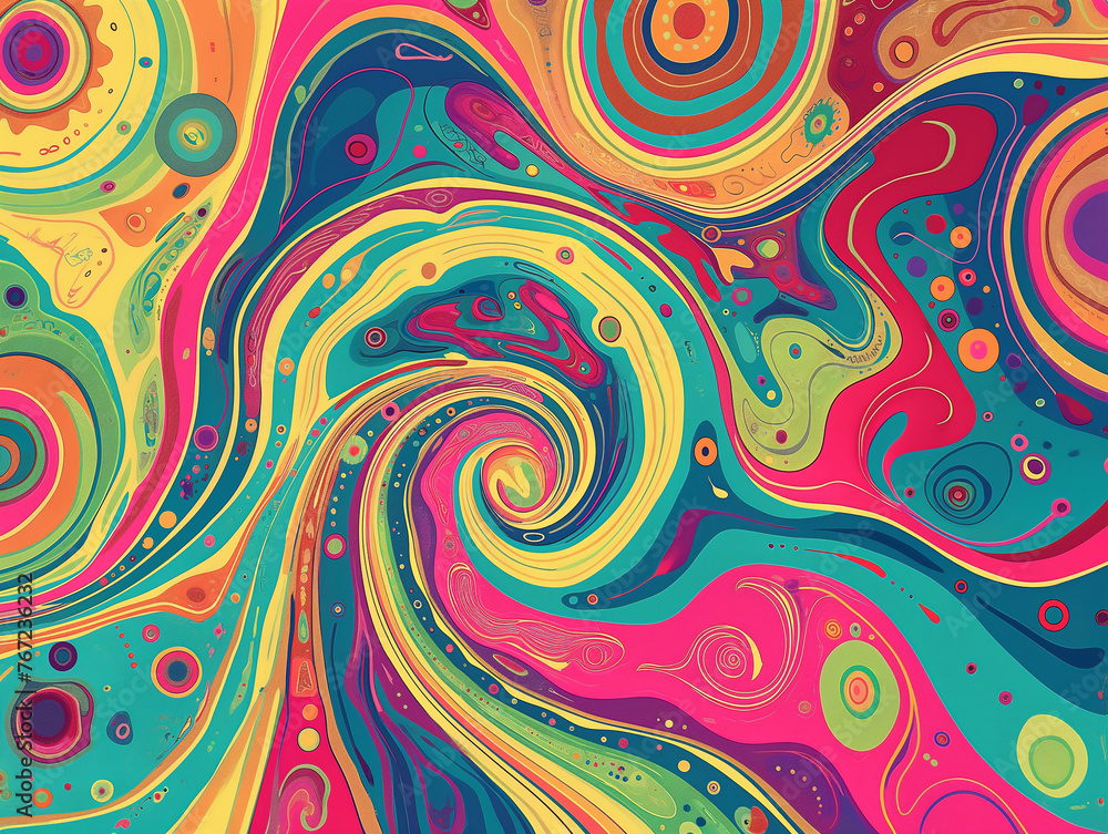 A mesmerizing abstract design featuring swirls of vivid colors and psychedelic patterns evoking creativity and visual stimulation