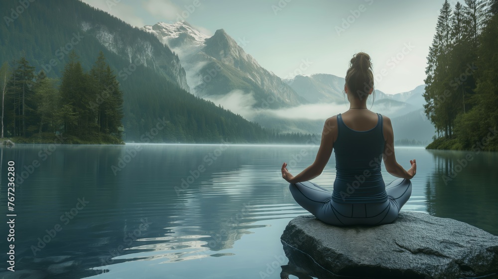 Woman meditating by a mountain lake