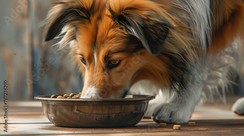 the anticipation of mealtime with a hyperrealistic image of a Shetland Sheepdog eating kibble from a dog bowl.