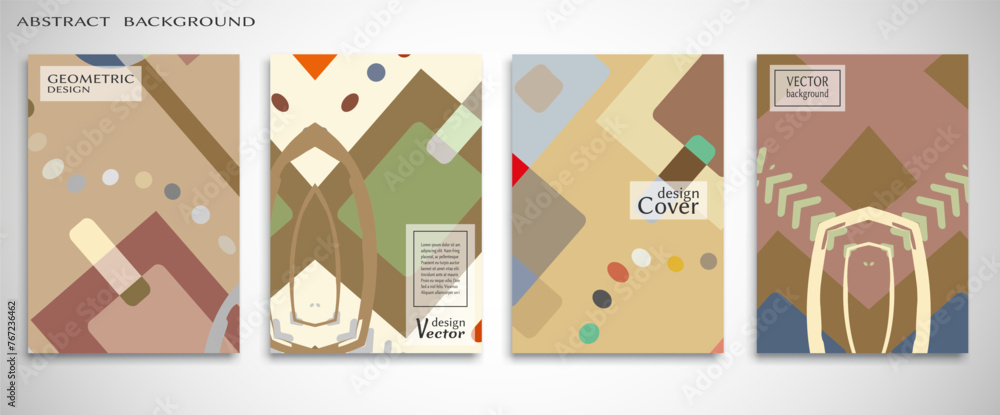 Contemporary abstract art. Colorful geometric background, set of A4 cover.  Header design for flyer, book, info banner frame, title sheet. Modern design. Brochure template layout. Vector illustration