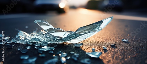 A shattered glass on pavement with a nearby vehicle