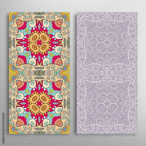 Vertical seamless patterns set, floral geometric lace texture for Wedding, Valentine's day, greeting card or Birthday Invitation. Decorative seamless doodle backgrounds. Ethnic ornament border pattern