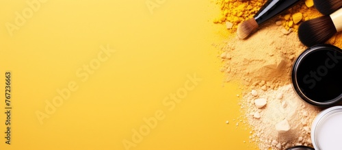 Variety of cosmetics products on yellow background