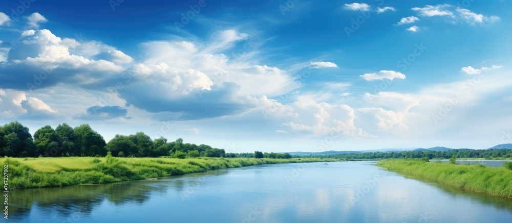 River with lush green bank and trees River with lush green bank and trees