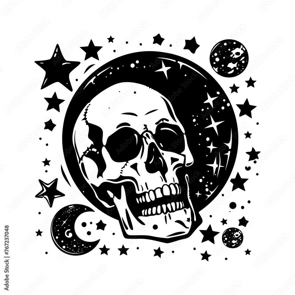 Black and white illustration of a skull with a crescent moon and stars in the background, evoking a mystical and eerie theme. Black and white illustration of a skull with a crescent moon and stars in the background, evoking a mystical and eerie theme.