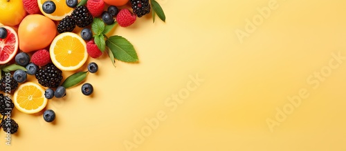 A variety of fruits close up on a yellow backdrop photo