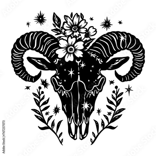 A black and white illustration of a ram skull adorned with flowers and surrounded by stars, blending natural and celestial themes.